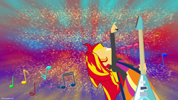 Size: 1920x1080 | Tagged: safe, artist:ahsokafan100, sunset shimmer, human, equestria girls, g4, my little pony equestria girls: rainbow rocks, abstract background, arched back, electric guitar, guitar, guitar pick, looking up, minimalist, music notes, musical instrument, no eyes, raised arm, smiling, sparkles, sunset shredder, wallpaper