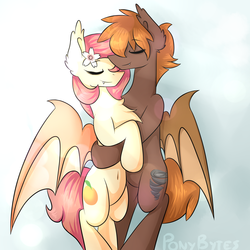 Size: 3000x3000 | Tagged: safe, artist:novabytes, oc, oc only, oc:cloud twist, oc:peach blossom, bat pony, pony, cloud, cloudy, couple, crepuscular rays, female, high res, hug, male, peachtwist, sleeping, snuggling, straight