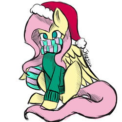Size: 1024x1024 | Tagged: safe, artist:jayesixx, fluttershy, g4, bottomless, clothes, female, hat, newbie artist training grounds, partial nudity, scarf, simple background, sitting, solo, sweater, sweatershy