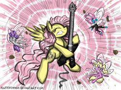 Size: 1000x738 | Tagged: safe, artist:flutterthrash, fluttershy, seabreeze, breezie, g4, electric guitar, eyes closed, female, gritted teeth, guitar, heavy metal, hilarious in hindsight, loud, male, musical instrument, open mouth, wide eyes