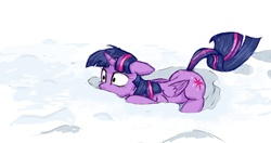 Size: 1400x741 | Tagged: safe, artist:buzer, twilight sparkle, alicorn, pony, g4, behaving like a cat, both cutie marks, female, hiding, mare, newbie artist training grounds, snow, solo, twilight cat, twilight sparkle (alicorn), winter