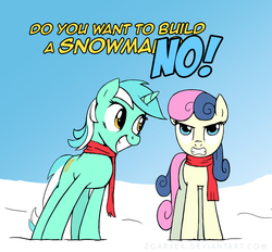 Size: 1382x1280 | Tagged: safe, artist:zoarvek, bon bon, lyra heartstrings, sweetie drops, g4, bon bon is not amused, clothes, do you want to build a snowman, frozen (movie), scarf, that pony sure does love humans, winter