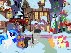 Size: 1024x768 | Tagged: safe, artist:bronybyexception, apple bloom, dj pon-3, octavia melody, scootaloo, sweetie belle, vinyl scratch, earth pony, pony, g4, advent calendar, cello, christmas, cutie mark crusaders, music, music notes, musical instrument, pointy ponies, snow