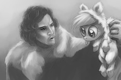 Size: 2973x1980 | Tagged: safe, artist:verulence, derpy hooves, human, g4, game of thrones, jon snow, monochrome, wip