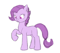 Size: 744x660 | Tagged: safe, artist:carnifex, oc, oc only, oc:lavender, blank flank, frown, offspring, parent:rarity, parent:spike, parents:sparity, ponified, raised eyebrow, raised hoof, solo, underhoof