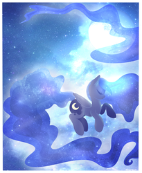 Size: 2300x2800 | Tagged: dead source, safe, artist:hawthornss, princess luna, g4, eyes closed, female, glowing horn, high res, horn, long mane, long tail, magic, moon, night, pretty, smiling, solo, stars