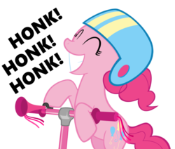 Size: 600x509 | Tagged: safe, artist:queencold, pinkie pie, earth pony, pony, g4, ^^, bicycle, bipedal, bulb horn, eyes closed, female, helmet, hind legs, honk, legs together, scooter, simple background, solo, transparent background, vector
