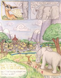 Size: 796x1004 | Tagged: safe, artist:thefriendlyelephant, oc, oc only, oc:nuk, oc:obi, antelope, elephant, gerenuk, original species, comic:friends of all sizes, animal in mlp form, apple, apple tree, big ears, big eyes, bridge, cloud, cloudy, comic, cute, duo, fence, flag, flower, grass, houses, mountain, path, ponyville, ponyville town hall, river, scenery, size difference, sky, stream, to be continued, town hall, traditional art, tree, tulip, windmill