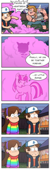 Size: 475x1632 | Tagged: safe, artist:markmak, edit, twilight sparkle, human, pony, unicorn, g4, blank flank, boyfriend and girlfriend, comic, crossover, crossover shipping, dialogue, diplight, dipper pines, female, gravity falls, mabel pines, male, mare, speech bubble, straight, sweat, the love god, wingless, wingless edit