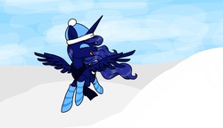 Size: 1558x896 | Tagged: safe, artist:velisap, princess luna, g4, clothes, eyes closed, female, happy, hat, newbie artist training grounds, snow, socks, solo, spread wings