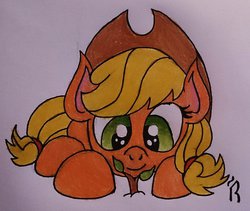 Size: 1024x865 | Tagged: safe, artist:dawn-designs-art, applejack, bloomberg, g4, female, newbie artist training grounds, prone, smiling, solo, traditional art, younger