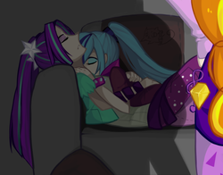 Size: 925x726 | Tagged: safe, artist:hisshi shoujo, adagio dazzle, aria blaze, sonata dusk, equestria girls, g4, cuddling, duo focus, female, human coloration, lesbian, pixiv, ship:arisona, shipping, sleeping, trio