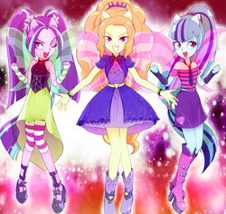 Size: 1800x1700 | Tagged: safe, artist:knmdk2, artist:roriaki, adagio dazzle, aria blaze, sonata dusk, equestria girls, g4, my little pony equestria girls: rainbow rocks, bare shoulders, boots, bracelet, clothes, female, fin wings, gem, gloves, jewelry, one eye closed, open mouth, pixiv, ponied up, shoes, siren gem, skirt, sleeveless, smiling, the dazzlings