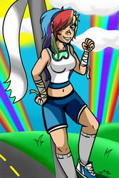 Size: 600x900 | Tagged: safe, artist:magnum3000, rainbow dash, human, g4, arm wraps, bandage, bandaid, bandaid on nose, clothes, female, goggles, humanized, midriff, outdoors, rainbow, rainbows, shoes, shorts, solo