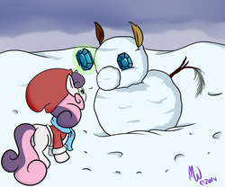 Size: 1500x1250 | Tagged: safe, artist:malwinters, sweetie belle, pony, unicorn, g4, clothes, coat, cute, diasweetes, female, filly, gem, hat, magic, scarf, snow, snowpony, solo, telekinesis, winter