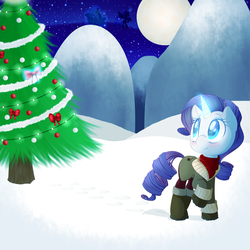 Size: 1024x1024 | Tagged: safe, artist:drsunnybun, princess luna, rarity, g4, clothes, magic, moon, raised hoof, sleigh, snow, tree, winter