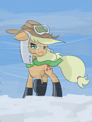 Size: 900x1200 | Tagged: safe, artist:chaosmalefic, applejack, g4, boots, clothes, female, floppy ears, hat, newbie artist training grounds, raised hoof, scarf, snow, solo, wind, winter