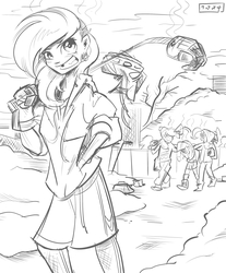 Size: 2893x3500 | Tagged: safe, artist:inkypsycho, applejack, pinkie pie, rainbow dash, twilight sparkle, human, g4, clothes, female, high res, hockey, humanized, looking at you, monochrome, smiling, snow, winter