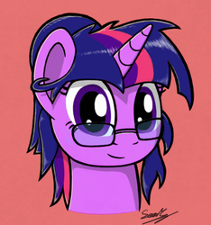 Size: 900x960 | Tagged: safe, artist:sheandog, twilight sparkle, g4, adorkable, bust, cute, dork, female, glasses, looking at you, ponytail, portrait, red background, signature, simple background, solo, twiabetes
