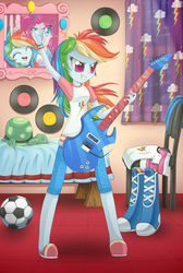 Size: 1344x2000 | Tagged: safe, artist:anthocat, pinkie pie, rainbow dash, tank, equestria girls, g4, my little pony equestria girls: rainbow rocks, boots, clothes, electric guitar, football, grin, guitar, humanized, musical instrument, pajamas, record, slippers, smiling, smirk, solo