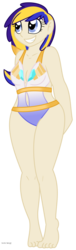 Size: 375x1233 | Tagged: safe, artist:faith-wolff, oc, oc only, oc:mi querida esperanza, human, absolute cleavage, barefoot, belly button, breasts, cleavage, clothes, faithverse, feet, female, human oc, humanized, humanized oc, navel cutout, next generation, offspring, one-piece swimsuit, open-back swimsuit, parent:princess cadance, parent:shining armor, parents:shiningcadance, smiling, solo, swimsuit