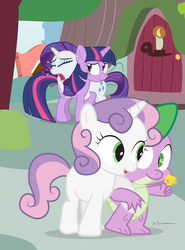 Size: 700x945 | Tagged: safe, artist:dm29, rarity, spike, sweetie belle, twilight sparkle, dragon, pony, unicorn, g4, consoling, crying, female, fistful of tickets, fistful of yen, gala ticket, golden oaks library, jealous, male, marshmelodrama, meme, ship:spikebelle, shipping, shipping denied, straight, ticket, unicorn twilight