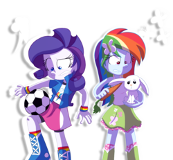 Size: 1174x1084 | Tagged: safe, artist:fj-c, angel bunny, rainbow dash, rarity, rabbit, equestria girls, g4, magical mystery cure, accessory swap, animal, ball, boots, carrot, clothes, clothes swap, equestria girls interpretation, fluttershy's boots, fluttershy's socks, food, football, polka dot socks, rainbow dash's boots, rainbow dash's socks, rainbow socks, scene interpretation, shoes, simple background, socks, sports, striped socks, swapped cutie marks, transparent background