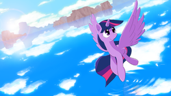 Size: 1920x1080 | Tagged: safe, artist:repoisn, edit, twilight sparkle, alicorn, pony, g4, cloud, cloudy, female, flying, lens flare, mare, mountain, reflection, sky, smiling, solo, twilight sparkle (alicorn), water