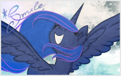 Size: 6939x4336 | Tagged: dead source, safe, artist:claritea, princess luna, g4, absurd resolution, big grin, female, happy, missing accessory, smiling, solo, spread wings