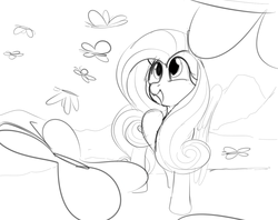 Size: 1280x1013 | Tagged: safe, artist:dotkwa, fluttershy, butterfly, pegasus, pony, g4, female, grayscale, mare, monochrome, open mouth, sketch, solo, wip