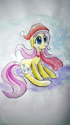 Size: 1520x2688 | Tagged: safe, artist:roshichen, fluttershy, pony, g4, catching snowflakes, christmas, clothes, female, hat, high res, holiday, mare, outdoors, santa hat, scarf, snow, snowfall, solo, tongue out, traditional art, wingless, winter, winter outfit