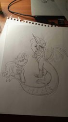 Size: 670x1191 | Tagged: safe, artist:drawponies, discord, rarity, g4, funny, monochrome, sketch, traditional art