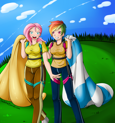 Size: 4200x4515 | Tagged: safe, artist:seductivebunneh, fluttershy, rainbow dash, human, g4, absurd resolution, air ponyville, blushing, breasts, busty fluttershy, busty rainbow dash, duo, female, humanized, landing, open mouth, parachute, skydiving, smiling