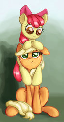 Size: 1238x2338 | Tagged: safe, artist:impcjcaesar, apple bloom, applejack, earth pony, pony, g4, adorable face, apple bloom riding applejack, cute, freckles, one ear down, ponies riding ponies, pony hat, riding, sisters, sitting