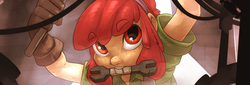 Size: 1100x374 | Tagged: safe, artist:atryl, apple bloom, human, g4, female, freckles, humanized, mouth hold, solo, wrench