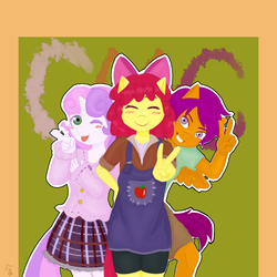 Size: 1500x1500 | Tagged: dead source, safe, artist:terpa-apret, apple bloom, scootaloo, sweetie belle, earth pony, anthro, g4, ;p, cutie mark crusaders, female, one eye closed, peace sign, pixiv, smiling, tongue out, trio