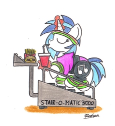 Size: 1206x1312 | Tagged: safe, artist:bobthedalek, dj pon-3, vinyl scratch, pony, unicorn, g4, burger, clothes, exercise, failed workout, fast food, female, food, french fries, headband, leotard, solo, stairs, sweatband, this will end in weight gain, traditional art, treadmill, you're doing it wrong