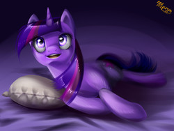 Size: 3200x2400 | Tagged: safe, artist:lolperson99, twilight sparkle, g4, bed, female, high res, looking up, on side, pillow, solo