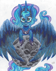 Size: 620x791 | Tagged: safe, artist:ellaandgoldfish, princess luna, g4, female, looking at you, moon, solo, spread wings, tangible heavenly object, traditional art