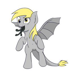Size: 1200x1200 | Tagged: safe, artist:varemia, derpy hooves, monster pony, original species, pony, tatzlpony, g4, bat wings, belly button, bipedal, female, open mouth, smiling, solo, tatzlderp, tentacle tongue, tentacles