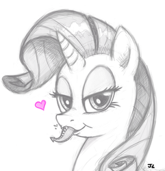 Size: 514x533 | Tagged: safe, artist:jiminy-lummox, rarity, spike, g4, bedroom eyes, female, fetish, grayscale, heart, male, micro, monochrome, mouthplay, oral vore, partial color, raripred, ship:sparity, shipping, straight, tail, tail sticking out, vore
