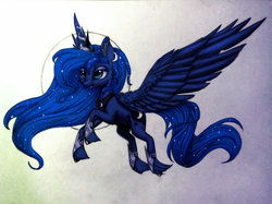 Size: 1024x765 | Tagged: safe, artist:runettamontbelle, princess luna, g4, ear fluff, female, moon, solo, spread wings, unshorn fetlocks