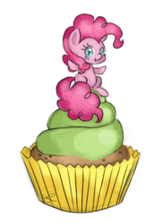 Size: 489x677 | Tagged: safe, artist:chiuuchiuu, pinkie pie, g4, chibi, cupcake, female, simple background, solo, transparent background