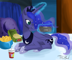 Size: 1300x1072 | Tagged: safe, artist:the88cherryice, princess luna, alicorn, parasprite, pony, gamer luna, g4, bed, female, food, french fries, hay burger, magic, mare, prone, solo