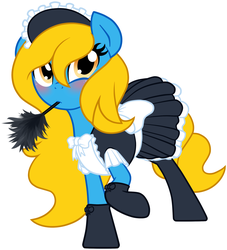 Size: 1892x2085 | Tagged: safe, artist:furrgroup, oc, oc only, oc:internet explorer, pony, ask internet explorer, blushing, browser ponies, clothes, duster, internet explorer, looking at you, maid, ponified, simple background, socks, solo, white background