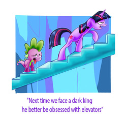 Size: 737x696 | Tagged: safe, artist:nukilik, spike, twilight sparkle, dragon, pony, unicorn, g4, the crystal empire, exhausted, female, king sombra's stair dimension, male, mare, open mouth, reality ensues, spiral stairs, stairs, sweat, tired, tongue out, twilight sparkle is not amused, unamused, unicorn twilight