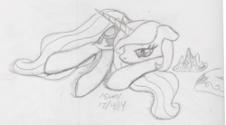 Size: 1145x633 | Tagged: safe, artist:slash-sun-slash, princess celestia, g4, celestiadoodle, cute, cutelestia, female, lying, lying down, monochrome, sketch, solo, traditional art