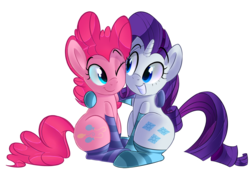 Size: 1900x1302 | Tagged: safe, artist:january3rd, pinkie pie, rarity, pony, g4, clothes, cute, diapinkes, female, lesbian, ship:raripie, shipping, simple background, socks, striped socks, transparent background, wink