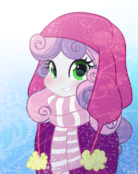 Size: 949x1195 | Tagged: dead source, safe, artist:orbis93, sweetie belle, equestria girls, g4, blushing, chubby cheeks, clothes, coat, cute, diasweetes, female, hat, looking at you, scarf, snow, snowfall, solo, weapons-grade cute, winter