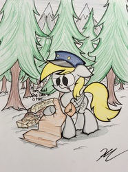 Size: 2126x2862 | Tagged: safe, artist:pelate, derpy hooves, pegasus, pony, g4, confused, dexterous hooves, female, floppy ears, forest, hat, high res, mail, mailbag, mailmare, map, mare, solo, traditional art